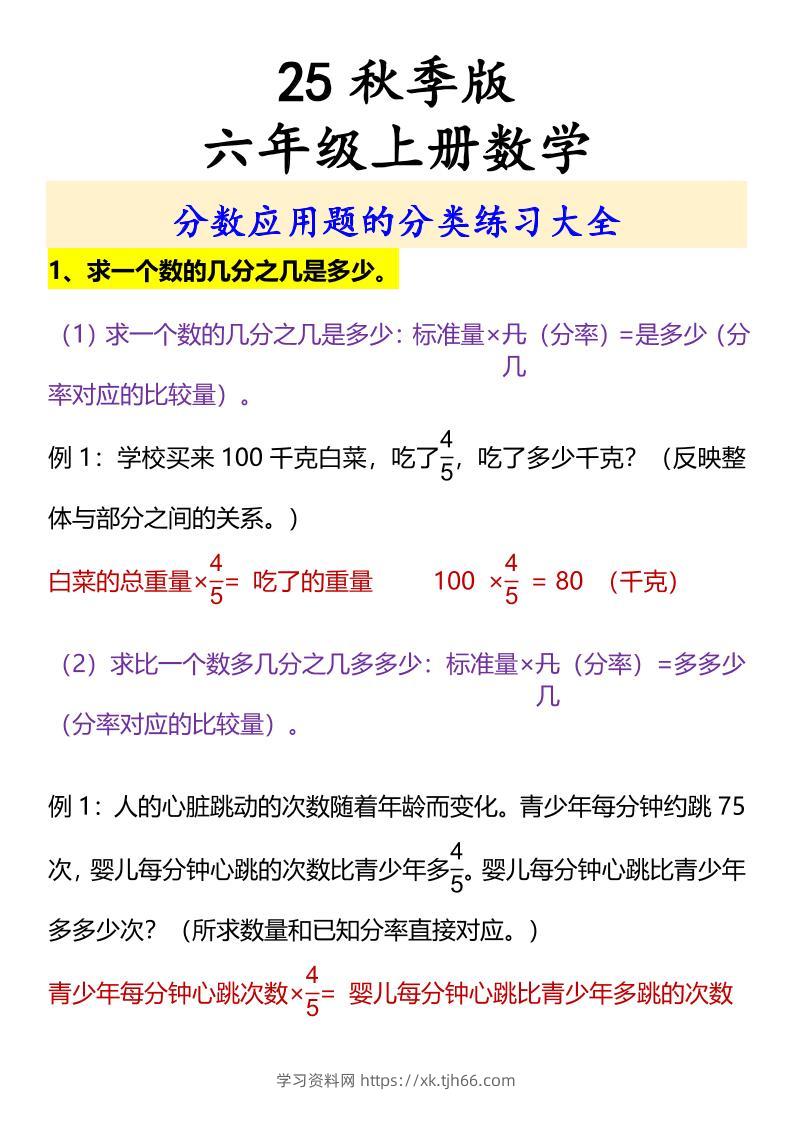 【2025秋新版】六年级上册数学分数应用题的分类练习大全-学习资料站