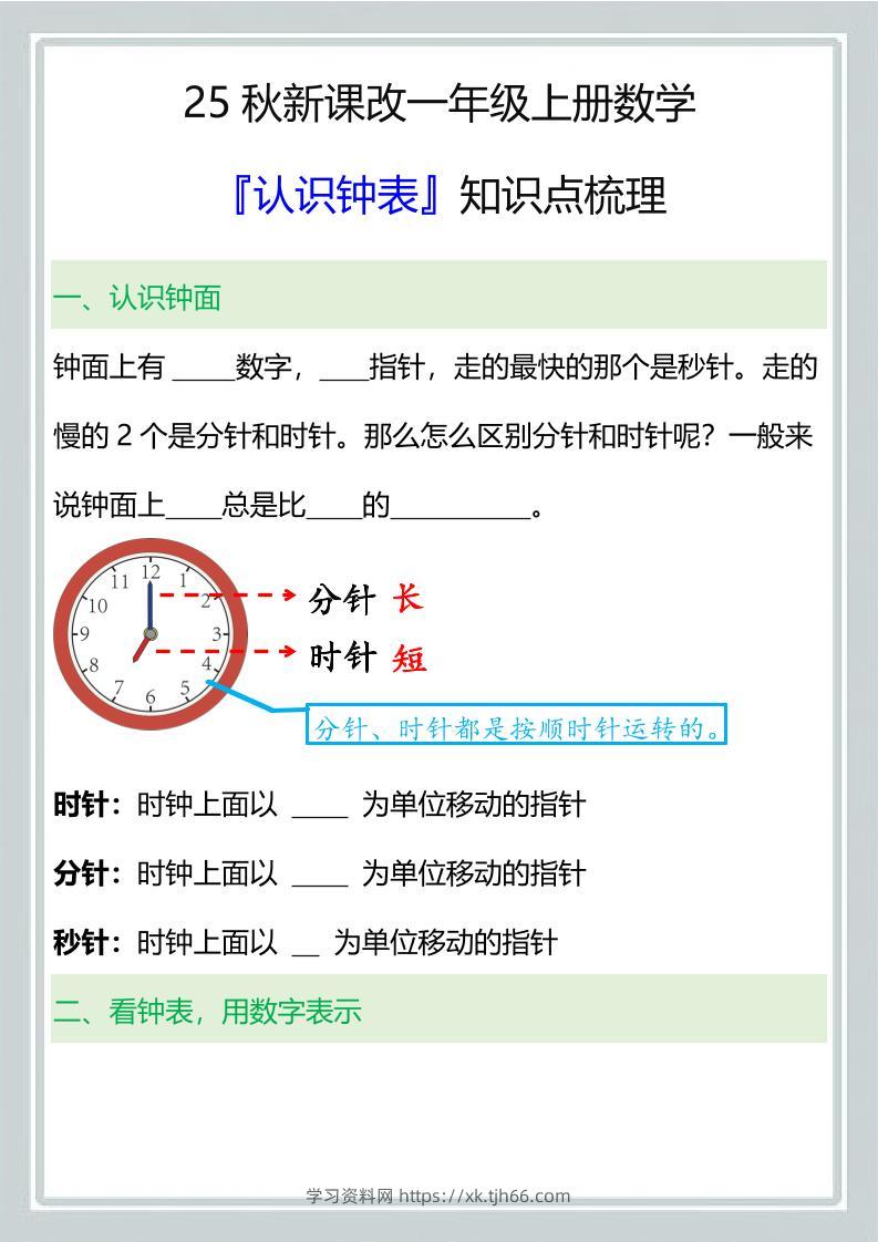 【2025秋新版】一年级上册数学『认识钟表』知识点梳理-学习资料站