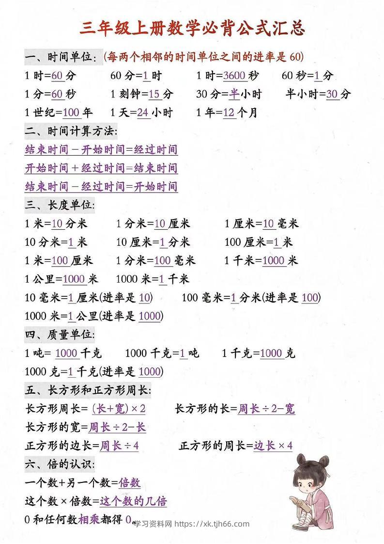 三年级上册数学必背知识汇总-学习资料站