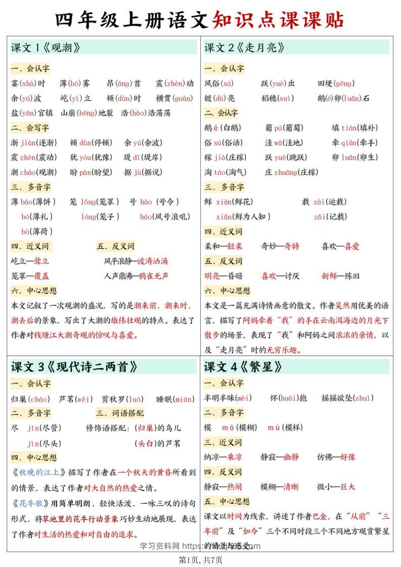 四上语文知识点课课贴7页-学习资料站